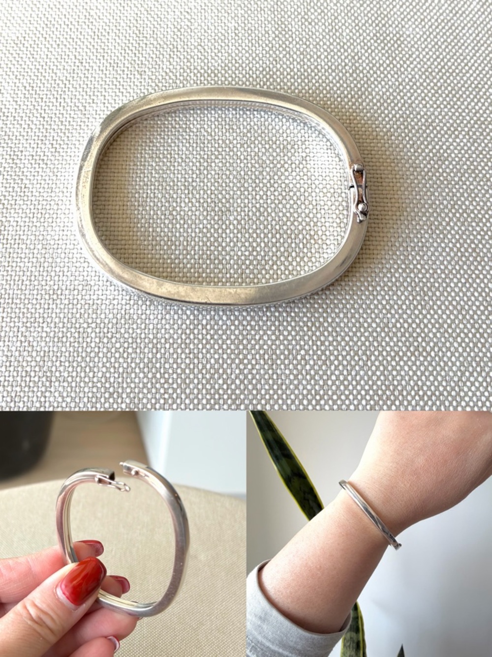 Silver Tone Hinged Bangle Bracelet Petite Soft Rectangle Minimalist
